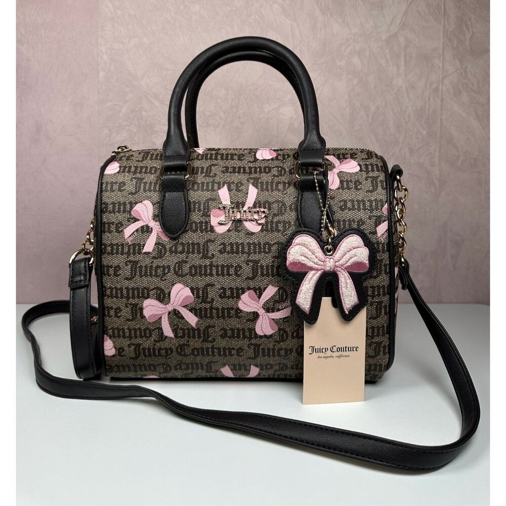Juicy Couture Simply Sweet Bow Satchel Crossbody Brown Pink Logo Bag w/ Charm - Picture 1 of 13